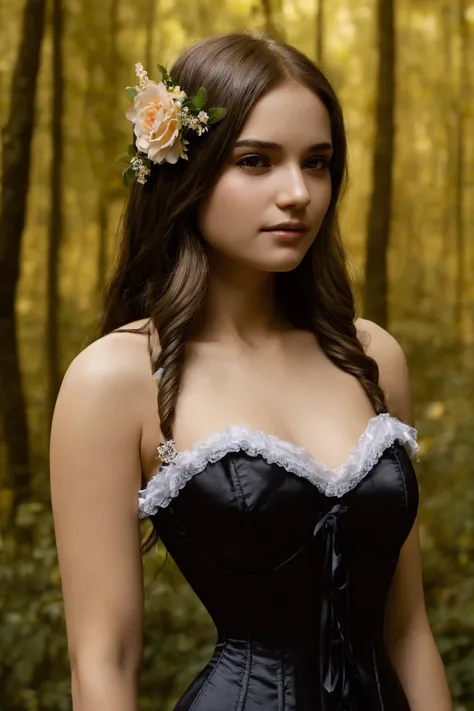best quality, masterpiece, (photorealistic:1.4), Close up, 1 girl, upper body, Black Dress, Corset, long hair, flowers around, forest background, sweet girl, IDOL, -- Face Details:1.7 -- <lora:Muna-01:1>