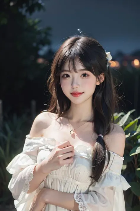 (night view:1.5),(8k, RAW photo, ultra high res, best quality, masterpiece:1.2), (realistic illustration), (extremely detailed CG unity 8k wallpaper), masterpiece, absurdres, ultra high res,(photo realistic:1.4),1 girl, 21 yo,japanese girl,(smile:1.2),medium breasts,brown dark hair, detailed beautiful skin, half body shot, summer clothes,off shoulder,hime cut,hair ornament,necklace,<lora:lf:0.7>