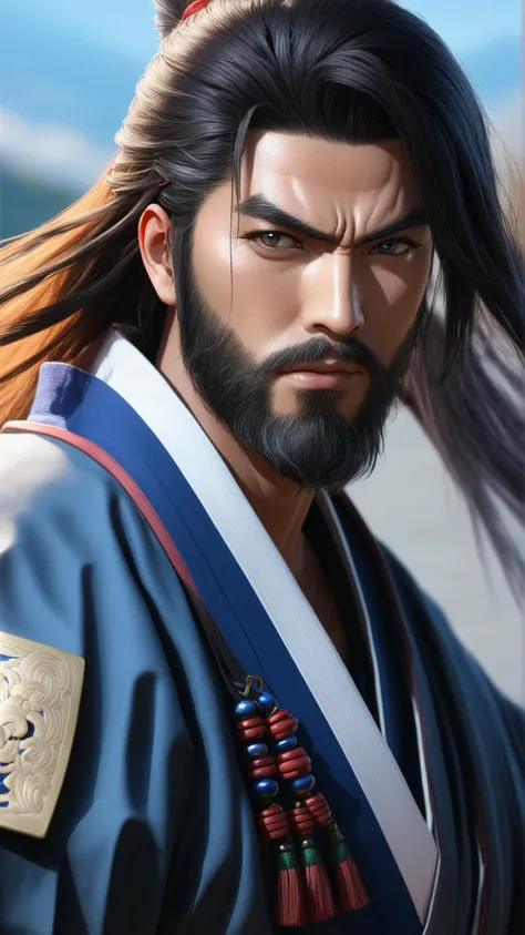 sehele style, anime, a man bearded samurai, trending on pixiv, fanbox, skeb, masterpiece, smooth soft skin, big dreamy eyes, beautiful intricate colored hair, anime wide eyes, soft lighting, concept art, digital painting, 8k, 16k, Unreal Engine 5, octane render, by Seunghee Lee, <lora:Seunghee_Lee_Style_SDXL:0.7>