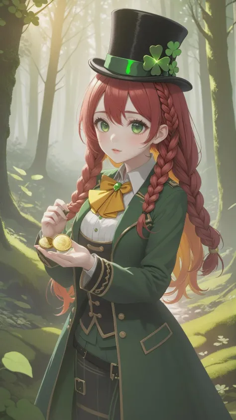 sehele style, full body view, anime, leprechaun girl, (((top hat))), st Patrick's Day, holding a tiny gold coin in her hand, (((red braided hair))), ((the most beautiful green eyes)), ((magical forest)), (((rainbow))), (((tomboy))), 8k, Unreal Engine 5, octane render, 8k, 4k, Unreal Engine 5, octane render, trending on pixiv, fanbox, skeb, masterpiece, smooth soft skin, big dreamy eyes, beautiful intricate colored hair, anime wide eyes, soft lighting, concept art, digital painting, by Seunghee Lee, <lora:Seunghee_Lee_Style_SDXL:0.4>