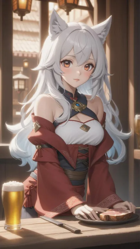 Penthesileia(destiny)、One person、Yellow Eyes、Blunt bangs、Grey Hair、Long Hair、Side Lock、French Braid、Folded ponytail、Night Dress、Cleavage、necklace、Armlet、Bridal Gauntlet、bracelet、jewelry、Fur coat、Sitting、bar、Holding a cup、Champagne、night、night空、balcony