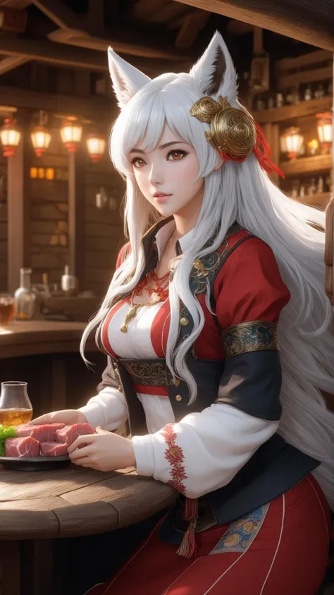 sehele style, anime, (((full body view))), (dark tanned skin:1.5), a female girl sitting, (((wolf ears))), (((white hair))), (((red clothes))), (((enjoying eating raw meat)), (((the most beautiful eyes))), (((intricate patterns on clothes))), a character portrait, inspired by Yi Yuanji, polycount contest winner, dau-al-set, [ adamantly defined abs ]!!, bruh moment, tony taka, fantasia photo, physical : tinyest midriff ever, (((in a fantasy tavern))), smooth soft skin, big dreamy eyes, beautiful intricate colored hair, symmetrical, anime wide eyes, soft lighting, (((detailed face))), 8k, 4k, Unreal Engine 5, octane render, trending on pixiv, fanbox, skeb, masterpiece, smooth soft skin, big dreamy eyes, beautiful intricate colored hair, symmetrical, anime wide eyes, soft lighting, concept art, digital painting, by Seunghee Lee, <lora:Seunghee_Lee_Style_SDXL:0.7>