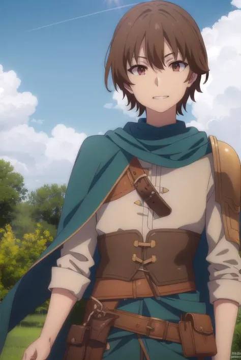 keyaru, <lora:keyaru s1-lora-nochekaiser:1>,
keyaru, short hair, (brown eyes:1.5), brown hair, male focus, smile, grin,
BREAK cape, armor,
BREAK outdoors, forest, nature, grass, trees, sun, sky, clouds,
BREAK looking at viewer, (cowboy shot:1.5),
BREAK <lyco:GoodHands-beta2:1>, (masterpiece:1.2), best quality, high resolution, unity 8k wallpaper, (illustration:0.8), (beautiful detailed eyes:1.6), extremely detailed face, perfect lighting, extremely detailed CG, (perfect hands, perfect anatomy),