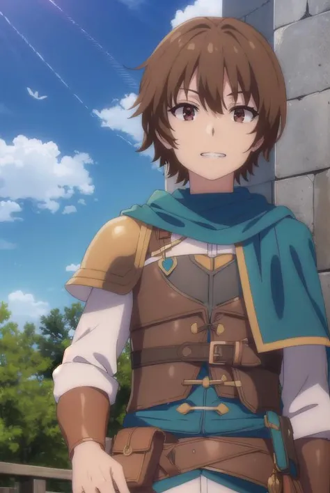 keyaru, <lora:keyaru s1-lora-nochekaiser:1>,
keyaru, short hair, (brown eyes:1.5), brown hair, male focus, smile, grin,
BREAK cape, armor,
BREAK outdoors, forest, nature, grass, trees, sun, sky, clouds,
BREAK looking at viewer, (cowboy shot:1.5),
BREAK <lyco:GoodHands-beta2:1>, (masterpiece:1.2), best quality, high resolution, unity 8k wallpaper, (illustration:0.8), (beautiful detailed eyes:1.6), extremely detailed face, perfect lighting, extremely detailed CG, (perfect hands, perfect anatomy),