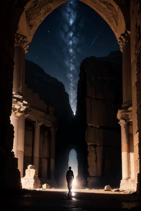 petrh1, Sky, HDR, outdoors, scenery, walking, 3/4, Soft light, intricate details, Night, illuminated, realistic, <lora:Petra:1>