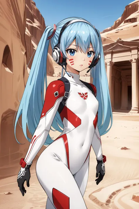 (masterpiece, best quality),  intricate details,
1girl,  <lora:hermit_mio_v1:0.8> aamio, long hair, twintails, facial mark, headphones, small breasts, white bodysuit, skin tight, gloves, 
 <lora:Petra:0.8> petrh1, desert, in front of petra,