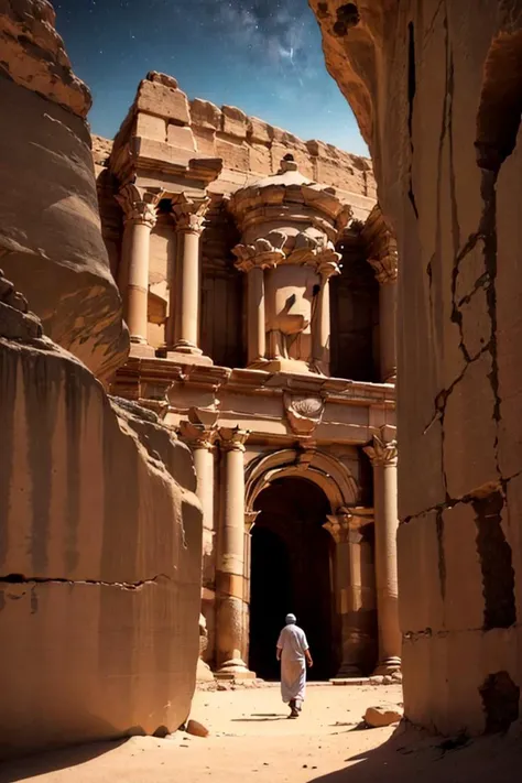 petrh1, Sky, HDR, outdoors, scenery, walking, 3/4, Soft light, intricate details, Night, illuminated, realistic, <lora:Petra:1>