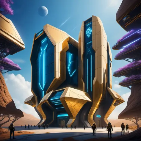 stylized shot of a gold magenta science fiction building, Virtual Education Center, Futuristic facility with VR simulations, holographic lectures, and AI-guided learning. <lora:scibu-000012:1>