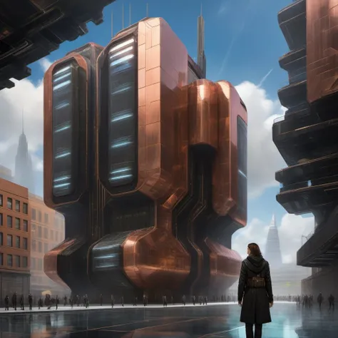 portrait of a man with platinum eyes and long black hair posing in front of a ((copper and auburn)) scibu science fiction building in a floating cloud city at noon <lora:scibu-000012:1>