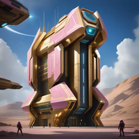 portrait of a woman posing in front of a ((gold and pink)) scibu science fiction building in a military base airfield at night <lora:scibu-000012:1>