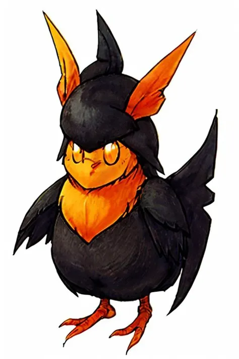 <lora:Mana Spirit Concept Art V1-000010:0.75> snes_concept_art, mana spirit, elemental, medium background, Chicken Elemental, feathers, black feathers, orange feathers, white feathers, highest quality, highest quality visuals, highest details,