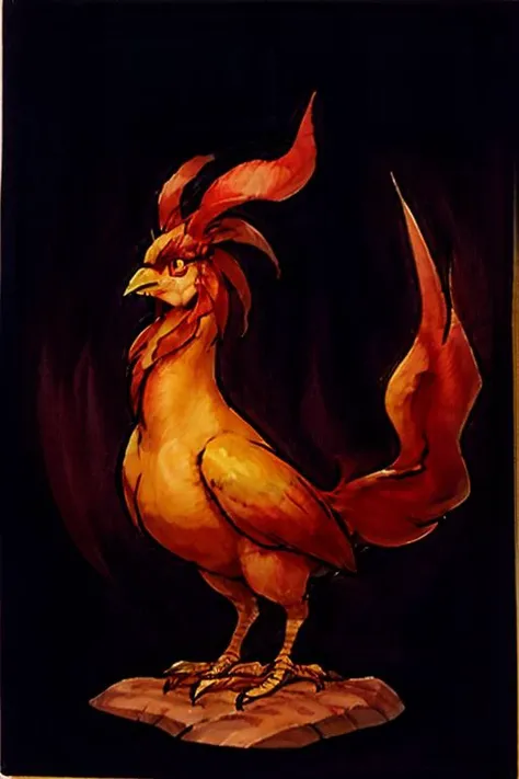<lora:Mana Spirit Concept Art V1-000010:0.75> snes_concept_art, mana spirit, elemental, dark background, Chicken Elemental, feathers, brown leghorn,, highest quality, highest quality visuals, highest details,