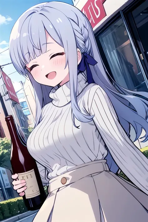 highres,masterpiece, best quality, 1woman, solo,20 years old, closed eyes, smile,happy, (full-face blush:1.2), outdoors,street,walking,(holding wine bottle:1.2), large breasts, dynamic angle,
kon_kanaho,side braid,hair ribbon,(grey ribbed sweater:1.1), long skirt,
<lora:kon_kanaho_v1_lora:0.8><lora:envybetterhandsLocon_beta2:0.9>