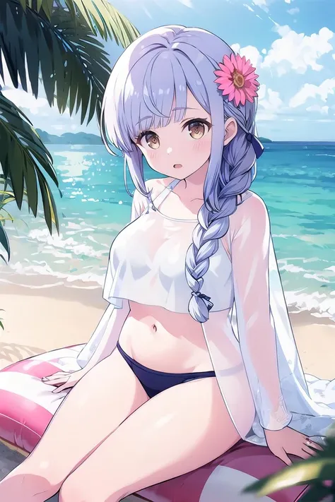 highres,masterpiece, best quality, 1girl, solo,outdoors, beach, large breasts, navel, collarbone, stomach,  embarrassed, blush, dynamic angle, looking at viewer,
kanaho_summer, kanaho_swimsuit, hair flower, braided ponytail, single braid, (hair over shoulder:1.2), jewelry,floral  print bikini, (see-through swimsuit cover-up:1.1), long sleeves,
<lora:kon_kanaho_v1_lora:0.8><lora:envybetterhandsLocon_beta2:0.9>