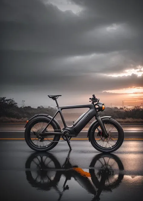 RAW, (masterpiece:1.1), science fiction, (silver-black matte bike:1.1)  <lyco:BikeMaker:0.23>,  (minimalist design style:1.1), dynamic side view, heading left, highway abandoned, water puddles on road, after rain, sunset,  clouds, mist, rusty dusty, dramatic
realistic, 8k uhd, dslr, cinematic lighting, high quality, film grain, Fujifilm XT3