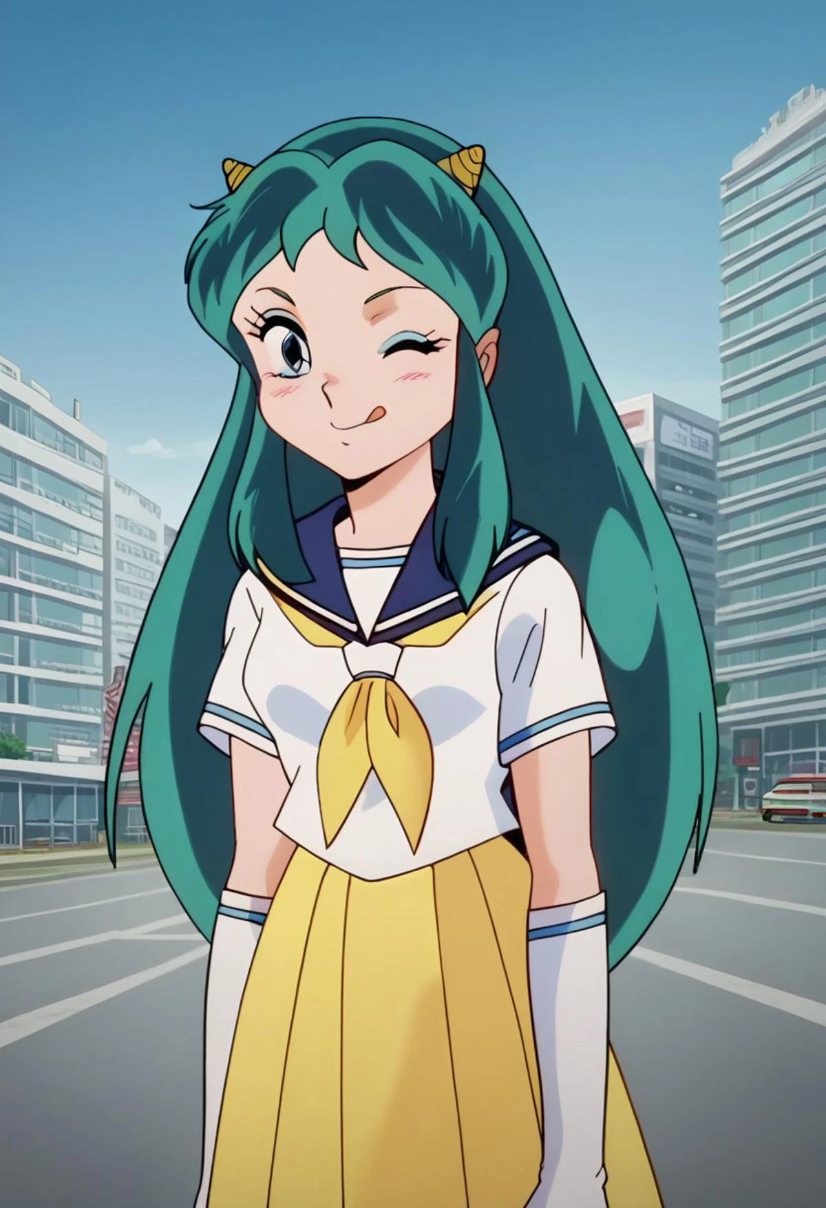 score_9, score_8_up, score_7_up, lumpierrot, long hair, green hair, blue eyes, make up, horns, lum, eyeshadow, retro artstyle, 1980s style, solo, bangs, skirt, long skirt, school uniform, pleated skirt, neckerchief, yellow neckerchief, shirt, white shirt, short sleeves, sailor collar dress, elbow gloves, feather hair ornament, feathers, frilled dress, frills, gloves, hair ornament, layered gloves, magical girl, white gloves, smile, blush, v, v over eye, spark effect from v, one eye closed, tongue out, cowboy shot, portrait, dutch angle, cityscape, street, 1bike, <lora:BikeMaker_2_XL:0.35> detailed, sleek, ultramodern, green | blue | orange | magenta highlights, dark volumetric shadows, high contrast, professional backlit, smudges, crumbles, rugged, used, fine anime screencap_xl, anime screencap
