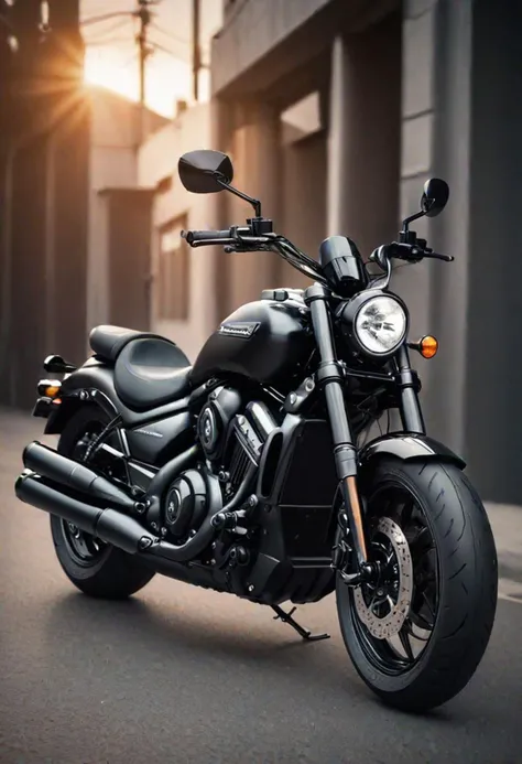 Black cruiser motorcycle, Kawasaki Vulcan S, portrait light, masterpiec, high detalisation, UHD, perfect quality