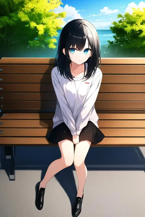 (high quality, high resolution:1.3), 4k, masterpiece, detailed background, 
BREAK
1girl, standing,  <lora:Tekku-000019v2:0.8>, sitting, black hair, blue eyes, full body, medium hair, day, bench, sitting on bench,<lora:NoiseOffset_v2:1.0><lora:NoiseOffset_v2:1.0>