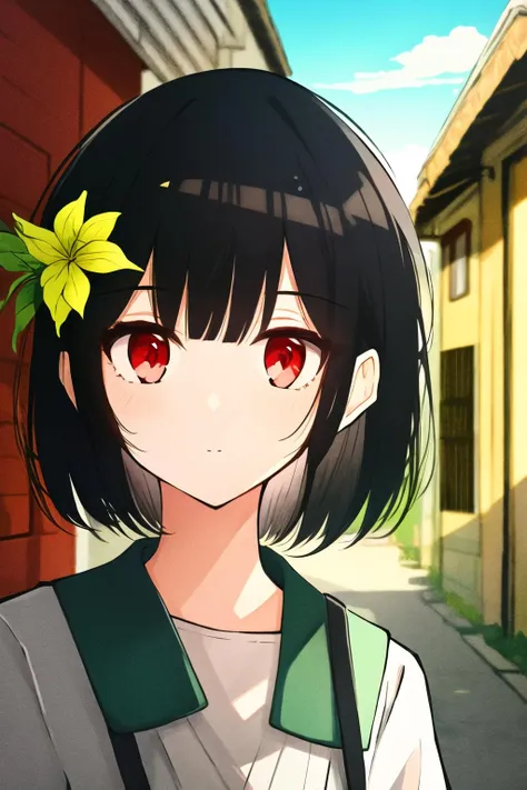 (high quality, high resolution:1.3), 4k, masterpiece, detailed background, street, alley, day,
BREAK
1girl, standing, <lora:Tekku-000019v2:1>, standing, black hair, red eyes, upper body,hair ornament, flower, hair flower, short hair, bob cut, <lora:NoiseOffset_v2:1.0><lora:NoiseOffset_v2:1.0>