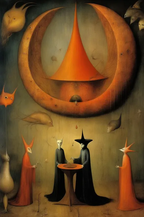<lora:Leonora Carrington Style:1>Leonora Carrington Style - Create a digital artwork that merges the mystical and spiritual works of Remedios Varo with the surreal, dreamlike creations of Odilon Redon. Depict an enigmatic scene set at 3 am, filled with otherworldly figures, strange creatures, and symbolic elements that evoke a sense of wonder, intrigue, and mystery. The artwork should convey the ethereal, atmospheric qualities of both Varo's and Redon's works, capturing the essence of their unique artistic visions. Create a harmonious fusion that appeals to contemporary sensibilities and embodies the mysterious aura of 3 am