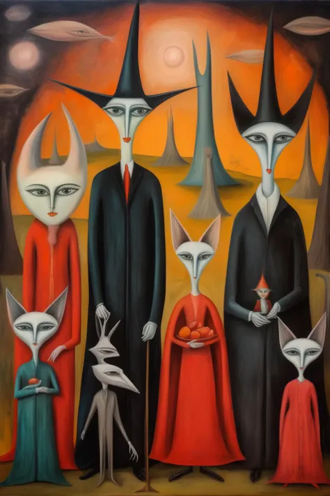 <lora:Leonora Carrington Style:1>Leonora Carrington Style - family portrait in the style of Leonora Carrington mixed ith Georgia O Keefe