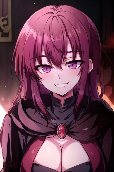 high quality,<lora:My_Blasted_Reincarnated_Life:0.85>,mbrl_style,redhead,mature woman,evil smile,dark light,