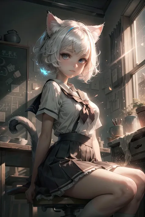 8k, best lighting, masterpiece, best quality, best luminosity, best shadow, particles, bloom, extra lights, cinematic lights, neko, cat ears, fluffy ears, white hair, short hair, 1girl, cute girl, school uniform, stocking, <lora:GlowingRunesAIV6:0.5>, <lora:眼睛双:0.3>, <lora:add_detail:0.5>, <lora:OC:0.3>