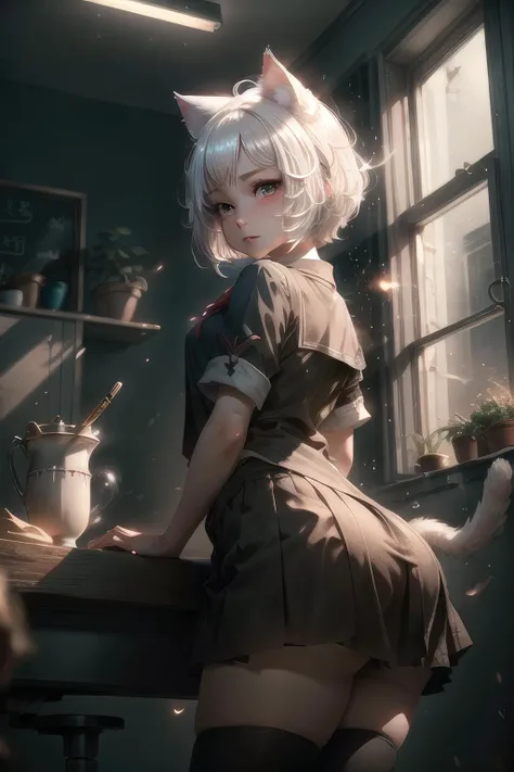 8k, best lighting, masterpiece, best quality, best luminosity, best shadow, particles, bloom, extra lights, cinematic lights, neko, cat ears, fluffy ears, white hair, short hair, 1girl, cute girl, school uniform, stocking, <lora:GlowingRunesAIV6:0.5>, <lora:眼睛双:0.3>, <lora:add_detail:0.5>, <lora:OC:0.3>