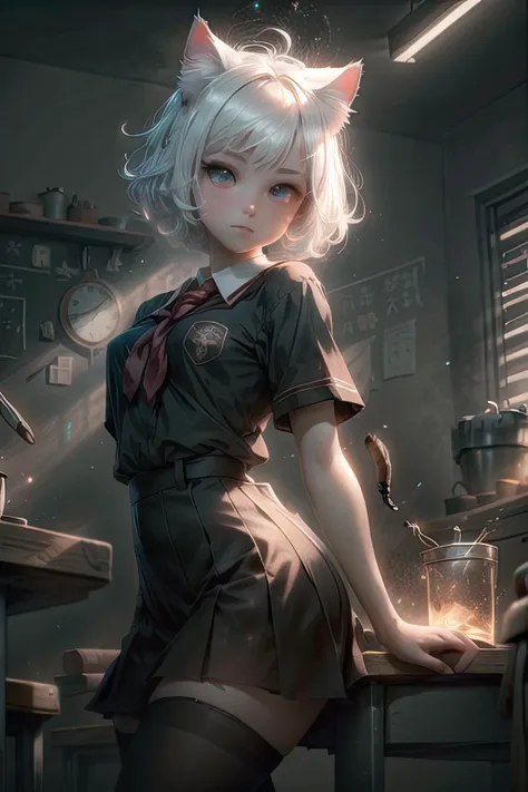 8k, best lighting, masterpiece, best quality, best luminosity, best shadow, particles, bloom, extra lights, cinematic lights, neko, cat ears, fluffy ears, white hair, short hair, 1girl, cute girl, school uniform, stocking, <lora:GlowingRunesAIV6:0.5>, <lora:眼睛双:0.3>, <lora:add_detail:0.5>, <lora:OC:0.3>