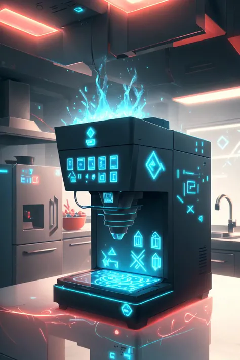 GlowingRunesAIV2_paleblue, GlowingRunesAIV2_red, ,High-tech food machine. Square structure. Sleek metal casing. Futuristic design. Neon indicator lights. Touch screen control panel. Advanced 3D food printing mechanism. Hygienic stainless steel. Automated food processing modules. Compact and efficient layout. Cutting-edge technology. Sparkling clean kitchen environment. Futuristic appliances in the background.
