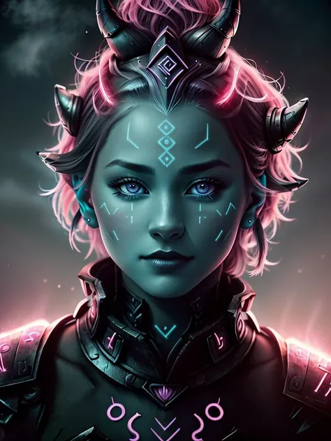 a closeup portrait photo of a draconian (MaeAI:.99) girl, standing on a volcano, pointy ears, natural skin texture, (black dragon horns:1), (detailed, intricate [black | purple] GlowingRunesAI_paleblue scaly skin:), [red | blue eyes], eyeshadow, [silver | blue | purple hair], flirting with camera, digital art, <lora:GlowingRunesAIV3:1>