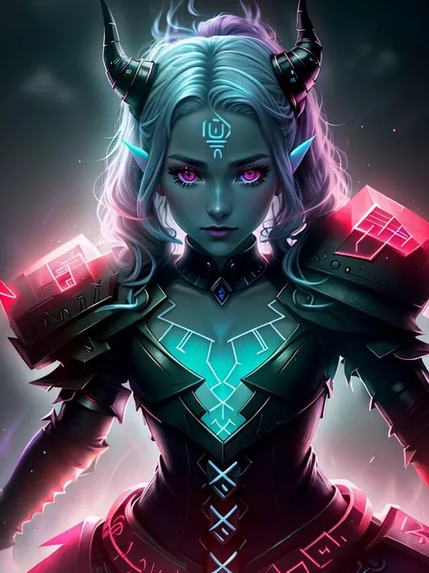 a closeup portrait photo of a draconian (MaeAI:.99) girl, standing on a volcano, pointy ears, natural skin texture, (black dragon horns:1), (detailed, intricate [black | purple] GlowingRunesAI_paleblue scaly skin:), [red | blue eyes], eyeshadow, [silver | blue | purple hair], flirting with camera, digital art, <lora:GlowingRunesAIV3:1>
