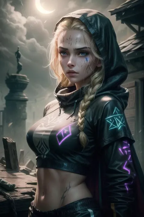 (Beautifil woman, Braids hair, Honey blonde hair, Wearing Athleisure Wear:1.2), portrait, solo, (full body:0.6), looking down, detailed background, detailed face, (<lora:GlowingRunesAIv4:0.6>, GlowingRunesAI_green, glowing runes, glowing runes theme:1.1), focus on eyes, glowing eyes, calm, witcher, wearing dark purple leather witcher clothes, crude, visible scars, hood, tattered cape trinkets, viper witcher medalion, glowing tattoos, supernatural abilities, in background, moonlight, tense action, wind blowing, magical aura, bokeh, mysterious atmosphere,, <lora:add_detail:1>
