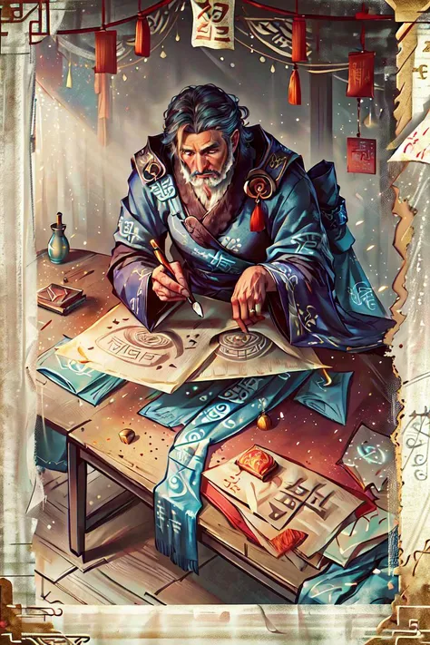 <lora:glowingrunesai_v10:1> glowingrunesai,
china, chinese, Chinese clothes, (scroll), ((hanging_scroll)), clothes_writing, hand_fan, hand_fan_writing, glowing_text, (runes), mature_male, writing, desk, paper, from_side,, (masterpiece:1.3), (best_quality:1.3), (ultra_detailed:1.3), 8k, extremely_clear, realism, (ultrarealistic:1.3),