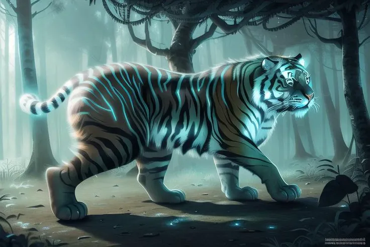 <lora:glowingrunesai_v10:1> glowingrunesai, (realistic:1.5), extremely detailed, hyper detailed, soft lighting, detailed background, extreme detail background, sharp details, jungle, tiger, cat, monster, quadruped, animals