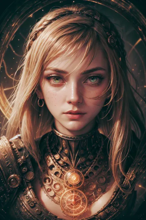(masterpiece), (best quality:1.4), absurdres, [:intricate details:0.2], hyperrealistic, vintage photo, kkw-ph1,
1 girl, adult (elven:0.7) woman, freckles, ruby eyes, blonde waterfall braid,
portrait, solo, upper body, looking down, detailed background, detailed face, (<lora:GlowingRunesAIV3:0.6>, GlowingRunesAI_green theme:1.1) glowing eyes, (time wizard:1.1),   infinite geometry, swirling patterns, (style-swirlmagic:1.0),  clockwork, clock gears, sands of time,  dynamic pose, bloom light aura, clock-face in background, epic atmosphere,
<lora:add_detail:1>