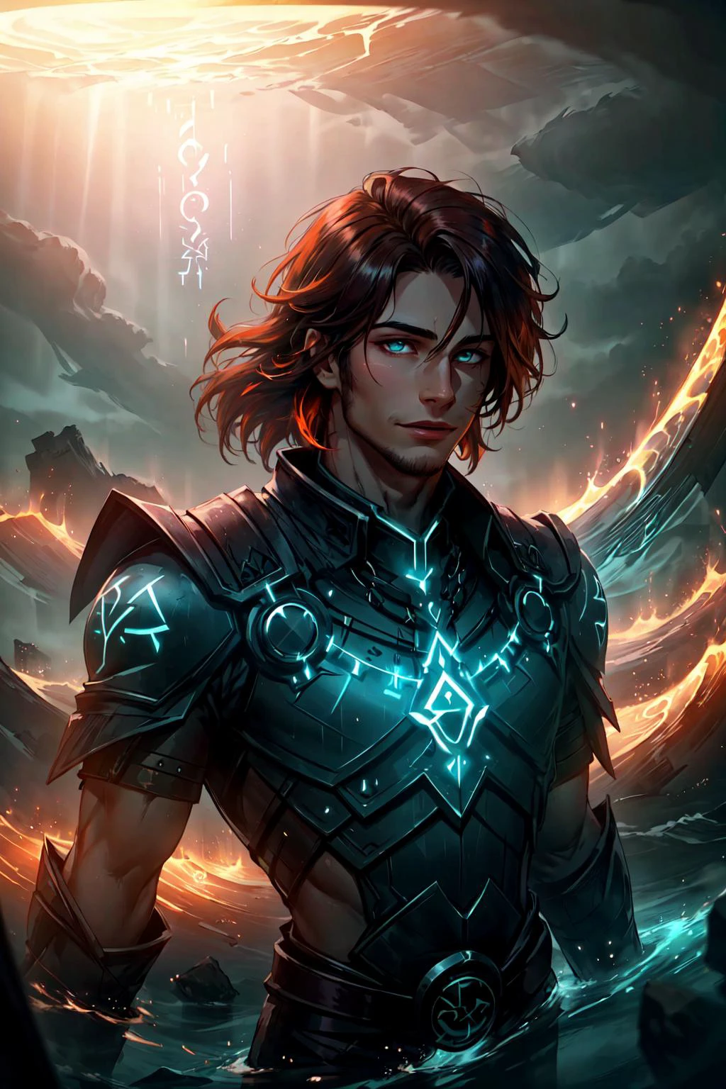 photorealistic, (hyperrealistic:1.2), beautiful, masterpiece, best quality,
(1man, muscular adult swedish male:1.2), teal eyes, auburn hair, shaggy hair,
portrait, looking up, solo, half shot, detailed background, (<lora:GlowingRunesAIV6:0.8>, GlowingRunesAIV2_red, glowing runes theme:1.1) evil smile, focusing, pursed lips, spellcaster, casting spell, dark clouds, (orange waves), floating light orbs, dark purple clothes, hair flowing in the wind, magic hourglass, arcane spell, mana, grim dark realistic lighting, open waste in background,
<lora:zaunT_zaunV1:0.3>,