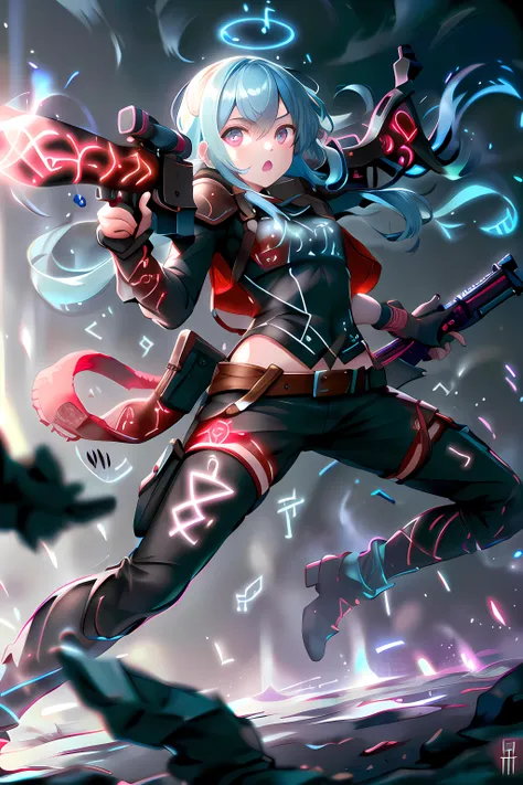 <lora:GlowingRunesAIV6:.8>, 2 girl with GlowingRunesAIV2_red and GlowingRunesAIV2_paleblue rifle, epic quality