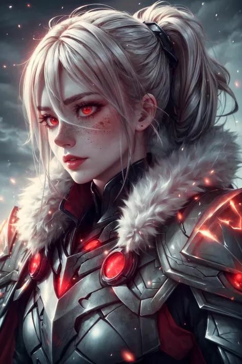 best quality, masterpiece, <lora:add_detail:1>
1 girl, adult polish woman, freckles, grey eyes, black twin drills hair,
portrait, solo, upper body, detailed background, detailed face, (<lora:GlowingRunesAIV3:0.6>, GlowingRunesAI_red theme:1.1), pink northern warrior, (glowing eyes:1.05), stoic expression, paladin, dynamic pose, magical armor, cape, snow crystals, arctic winter, snowy background, northern lights in background low light, dark night, epic atmosphere,