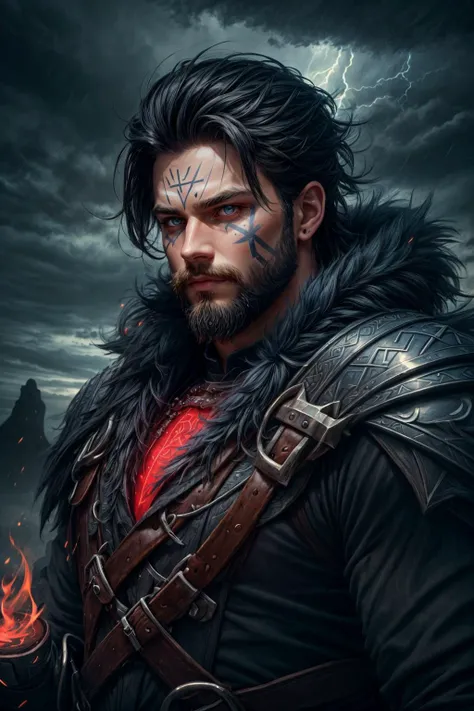 (masterpiece, best quality), intricate details, <lora:add_detail:1>
(1man, muscular adult icelandic male:1.2), red eyes, black hair, short beard,
portrait, solo, upper body, detailed background, detailed face, (<lora:GlowingRunesAIV3:0.6>, GlowingRunesAI_paleblue theme:1.1), wise, black facepaint, vodoo shaman, mystical, gray feathered clothes, obsidian, dynamic pose, nature in background, ritual, storm, cinematic atmosphere,