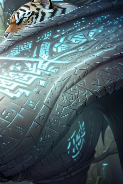 <lora:glowingrunesai_v10:1> glowingrunesai, (realistic:1.5), extremely detailed, hyper detailed, soft lighting, detailed background, extreme detail background, sharp details, jungle, tiger, cat, monster