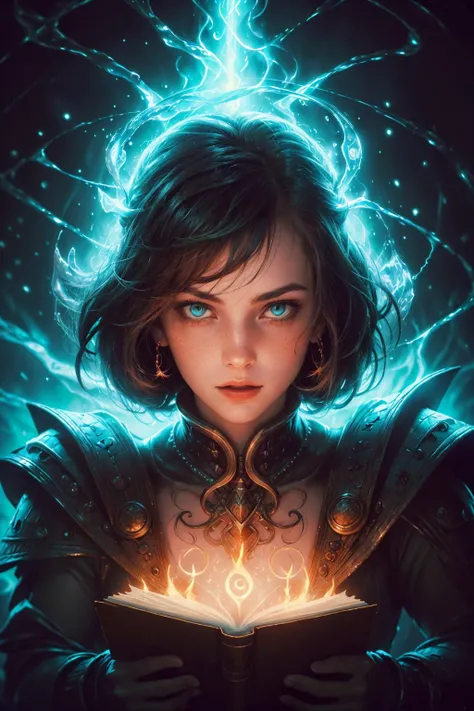 (masterpiece), (best quality:1.4), absurdres, [:intricate details:0.2], hyperrealistic, vintage photo, kkw-ph1,
1 girl, adult (elven:0.7) woman, freckles, silver eyes, dark red blowout hair,
(style-swirlmagic:1.0),  looking at viewer, solo, (full body:0.6), detailed background, detailed face, (<lora:GlowingRunesAIV3:0.6>, GlowingRunesAIV2_paleblue theme:1.1) evil summoner, tattered orange magical robes, determined expression, crimson color scheme, dark scarlet light, study room,   evil book, dark atmosphere, shadows, realistic lighting, floating particles, sparks, surrounded by green lightning <lora:LightningvfxCreateMore_v1:0.1>,  summoning, (thick melting candles:0.8), purple arcane symbols,  power-hungry eyes, bloom,
<lora:add_detail:0.5>