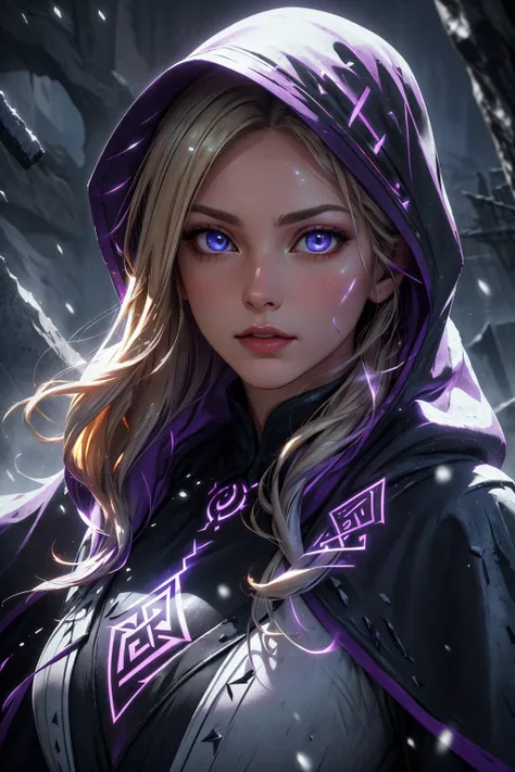 (masterpiece, best quality), <lora:add_detail_v5:0.5>, <lora:stylesqueeze_v2:0.25>,
1 girl, adult (elven:0.7) woman, aquamarine eyes, natural blonde blowout hair,
solo, upper body, detailed background, detailed face, (<lora:GlowingRunesAIv4:0.6>, GlowingRunes_purple, glowing runes theme:1.1), black northern warrior, stern expression, guardian, dynamic pose, hooded robe, snow crystals, arctic winter, snowy background, stone temple in background low light, dark night, epic atmosphere,