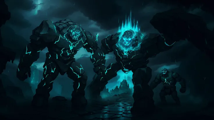 <lora:golem:0.6> (stone golem) in a rain storm with GlowingRunesAIV2_paleblue, <lora:GlowingRunesAI:0.6>, (best-quality:0.8), perfect anime illustration