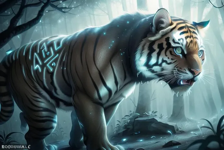 <lora:glowingrunesai_v10:1> glowingrunesai, (realistic:1.5), extremely detailed, hyper detailed, soft lighting, detailed background, extreme detail background, sharp details, jungle, tiger, cat, monster, quadruped, animals