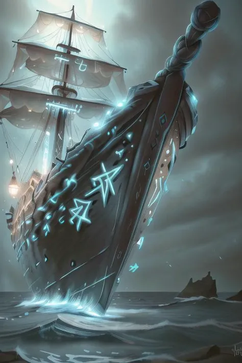 <lora:glowingrunesai_v10:1> glowingrunesai, (realistic:1.5), extremely detailed, hyper detailed, soft lighting, detailed background, extreme detail background, sharp details, ocean, sea, boat, ship