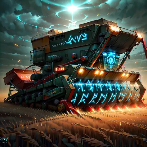 <lora:GlowingRunesAIV6:.8>, GlowingRunesAIV2_paleblue combine harvester