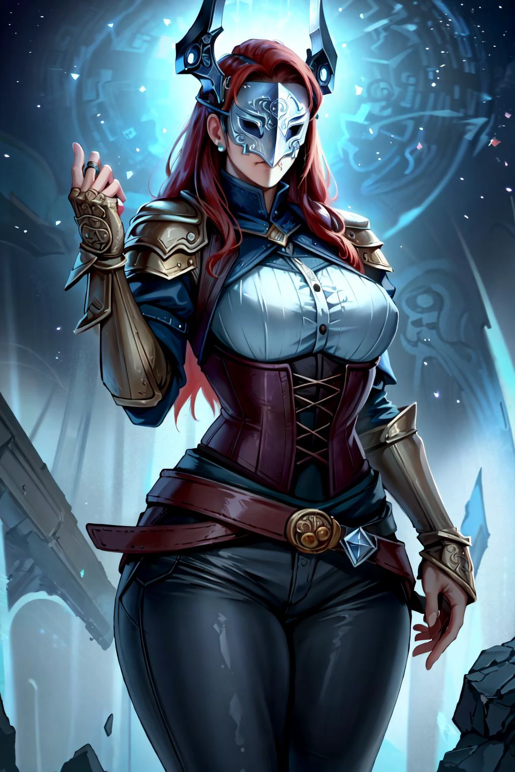 (masterpiece, best quality, high quality, highres:1.4), detailed, extremely detailed, ambient soft lighting, 4K, 1girl, (mature female, milf:1.2), (long hair, red hair, blunt bangs, long sidelocks:1.3), (runic masktag:1.2), (very detailed victorian dress, corset, gauntlets, belt, jewel, bangles, leather pants, embroideries:1.3), outdoor, night, starry sky, glowingrunesai <lora:milfWeightEdit_v1:0.5> <lora:jujunaughtStyleLora_v10:0.3> <lora:envybetterhandsLocon_beta2:1> <lora:glowingrunesai_v10:0.8> <lora:Mask LoRA:0.8>