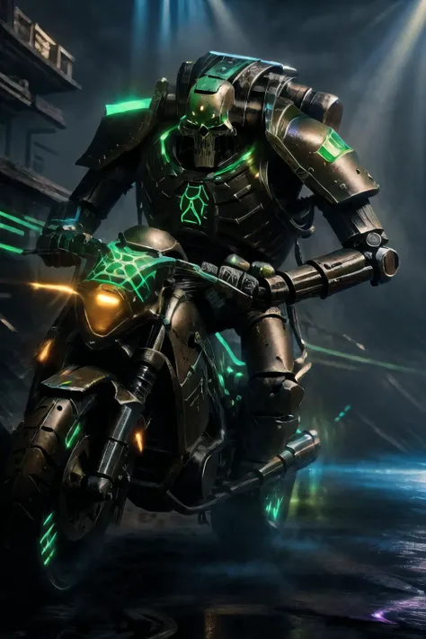 riding motorcycle, holding gun , a metallic humanoid skeleton robot warrior with GlowingRunes_green tatoos <lora:GlowingRunesAIv4:1.3> <lora:necons:0.5>,glowing, armor, robot, helmet, necrons, <lora:lowra_v10:0.8> wide glowing eyes <lora:Legion of the Damned MK1 by CARAXES:0.7>