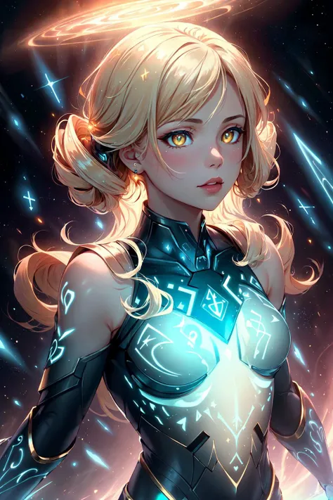 photorealistic, (hyperrealistic:1.2), beautiful, masterpiece, best quality,
1 girl, adult british woman, amber eyes, platinum blonde drill hair,
(style-swirlmagic:0.7), portrait, solo, upper body, looking at viewer, detailed background, detailed face, (<lora:GlowingRunesAIV6:0.8>, GlowingRunesAIV2_paleblue, glowing runes theme:1.1) embodied star constellation, star sign, horoscope, dynamic pose, occult, virgo, esoteric geometric symbolism, interstellar , galaxies, cosmic light, aura, bloom, consciousness, cosmic dust, cosmic space background, esoteric atmosphere,